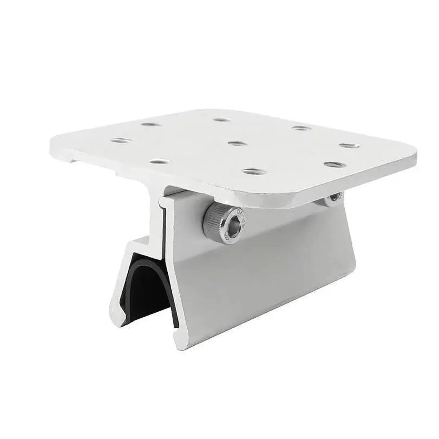 White solar panel mounting clamp with adjustable knob and black rubber grip pads, shown against white background.