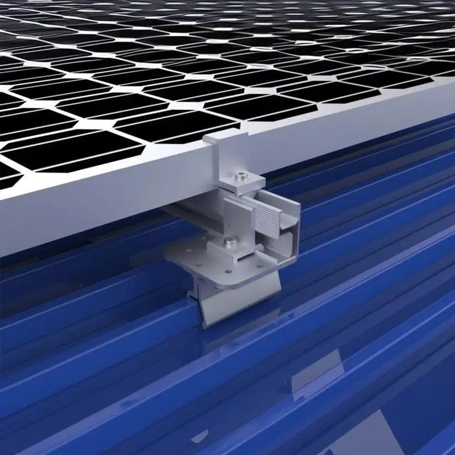 Klip-Lok 406 solar panel mounting clamp installed on blue corrugated metal roof with black solar panels above, showing instal