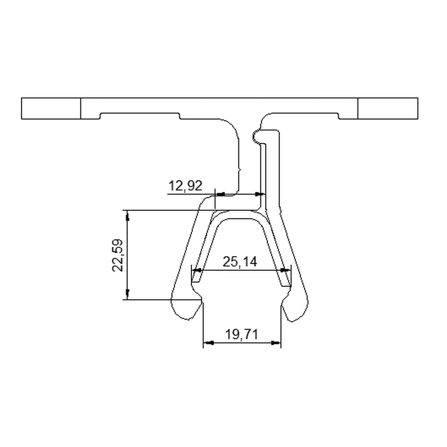 Technical dimension diagram of solar panel rail mounting clamp showing measurements: 12.92mm width, 22.59mm height, 25.14mm i