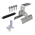 Solar panel roof bracket kit with metal components, screws, cable clip, and adjustable mounting hardware displayed on white b