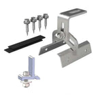 Solar panel roof bracket kit with metal components, screws, cable clip, and adjustable mounting hardware displayed on white b