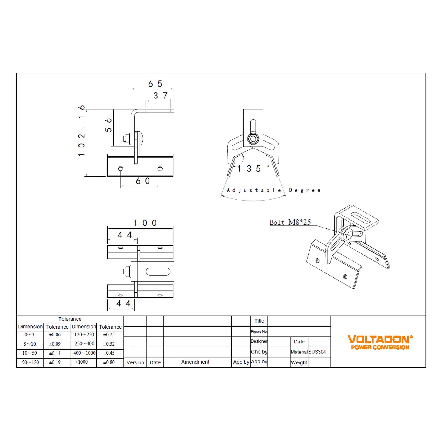 Technical engineering diagram showing dimensions and assembly details for adjustable solar panel roof mounting bracket with t