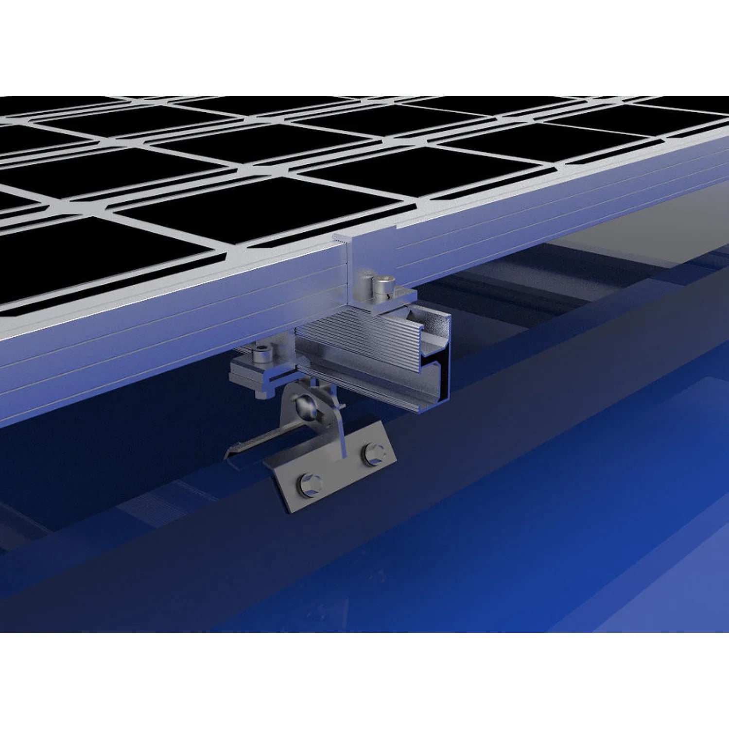 Close-up of solar panel mounting bracket installed on blue trapezoidal metal roof, showing metal clamp assembly and attachmen