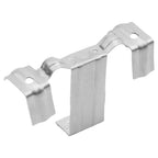 Stainless steel solar panel water drain clip with dual mounting holes and curved retention arms, product shot on white backgr