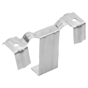 Stainless steel solar panel water drain clip with dual mounting holes and curved retention arms, product shot on white backgr