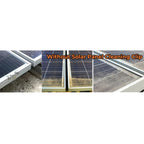 Three comparison photos showing dirty solar panels without drainage clips and accumulated debris buildup between panels and f