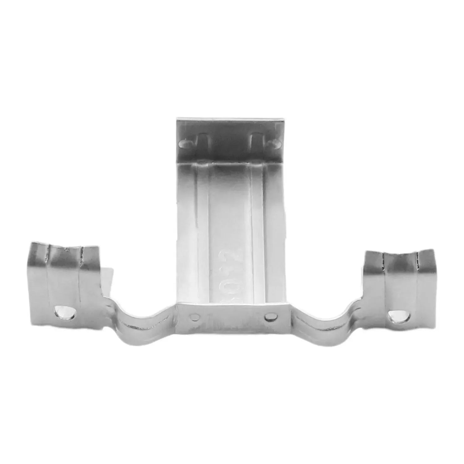 Stainless steel solar panel water drain clip with central rectangular housing and curved side brackets with circular attachme