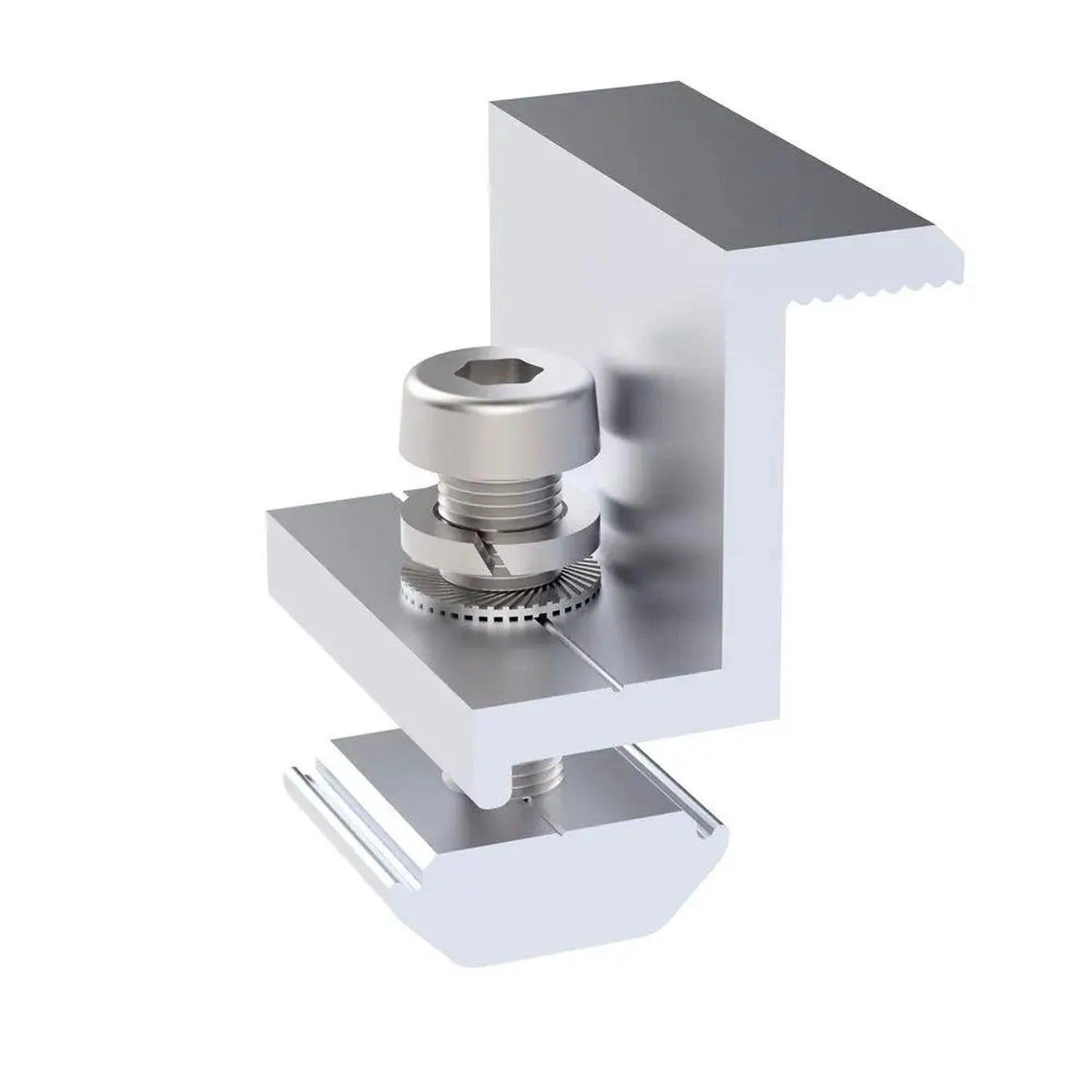 3D technical diagram of end clamp assembly for solar panel rail, showing metal fastener components and white mounting bracket