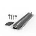 Solar panel mounting rail kit with metal bracket, fastening plate, and four self-drilling screws displayed on white backgroun