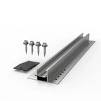 Solar panel mounting rail kit with metal bracket, fastening plate, and four self-drilling screws displayed on white backgroun