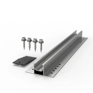 Solar panel mounting rail kit with metal bracket, fastening plate, and four self-drilling screws displayed on white backgroun