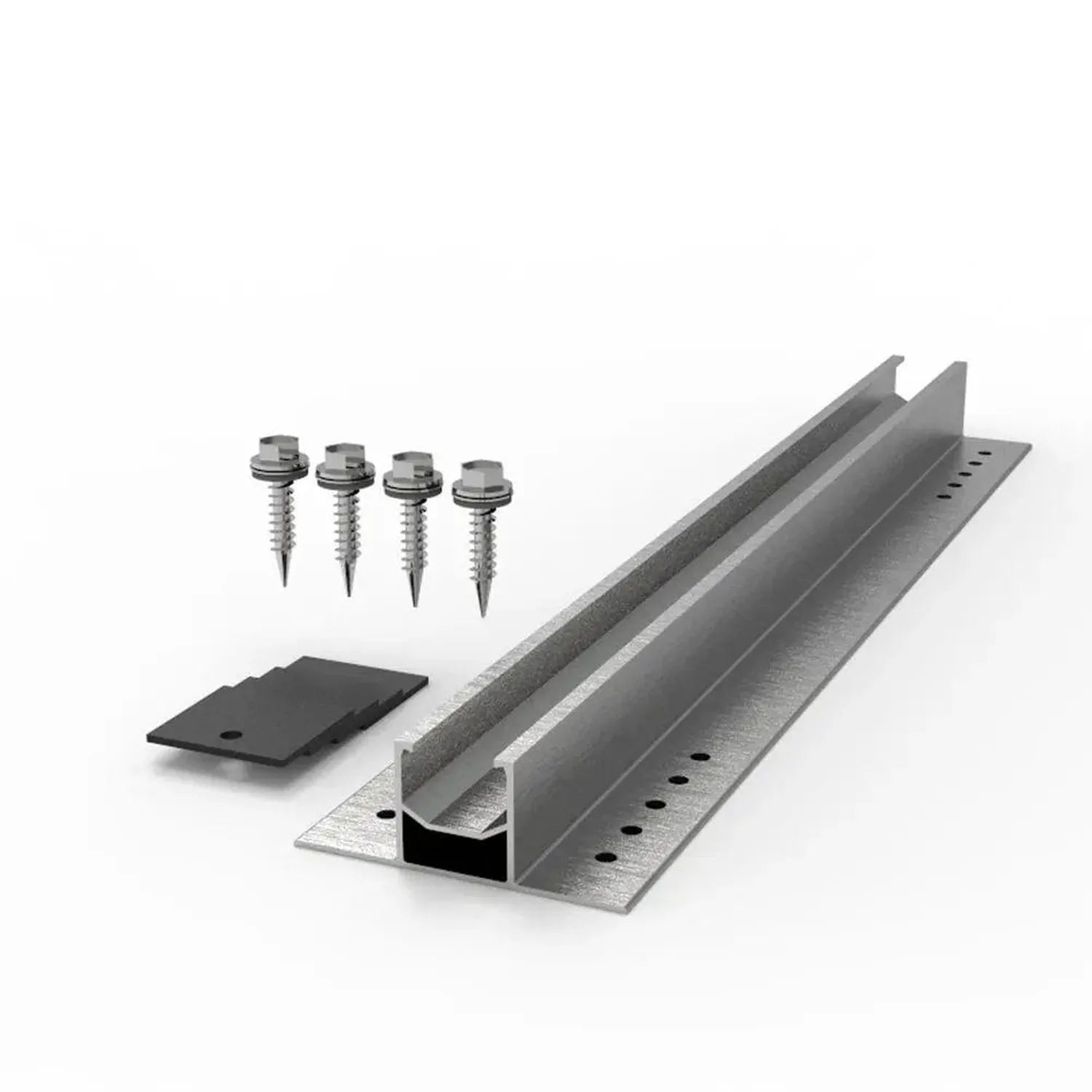 Solar panel mounting rail kit with metal bracket, fastening plate, and four self-drilling screws displayed on white backgroun