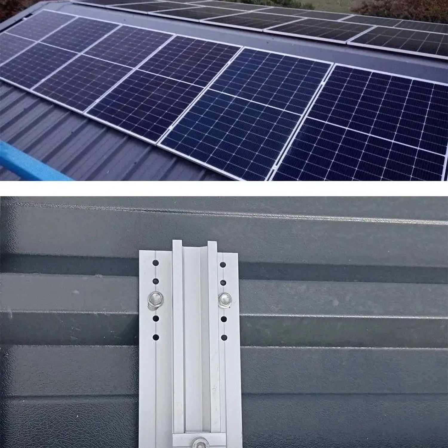 Solar panel mounting rail installation shot showing white aluminium rail mounted on corrugated metal roof with solar panels v