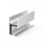 Isometric view of aluminum solar panel mounting rail with ribbed upper channel and black rubber gasket strip in lower channel