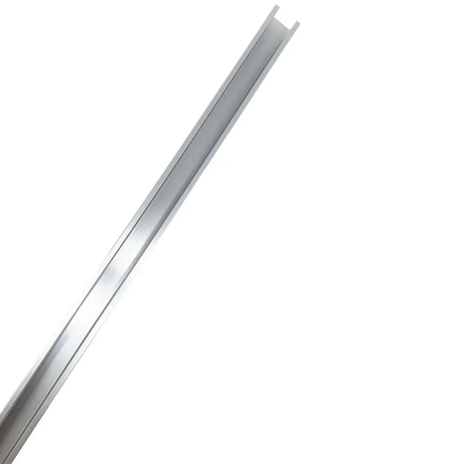 Silver aluminum mounting rail with U-channel profile and mounting tabs at top end, angled against white background.