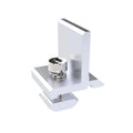 White aluminum rail clamp with cylindrical fastener mechanism shown mounted on solar panel rail in 3D product illustration.