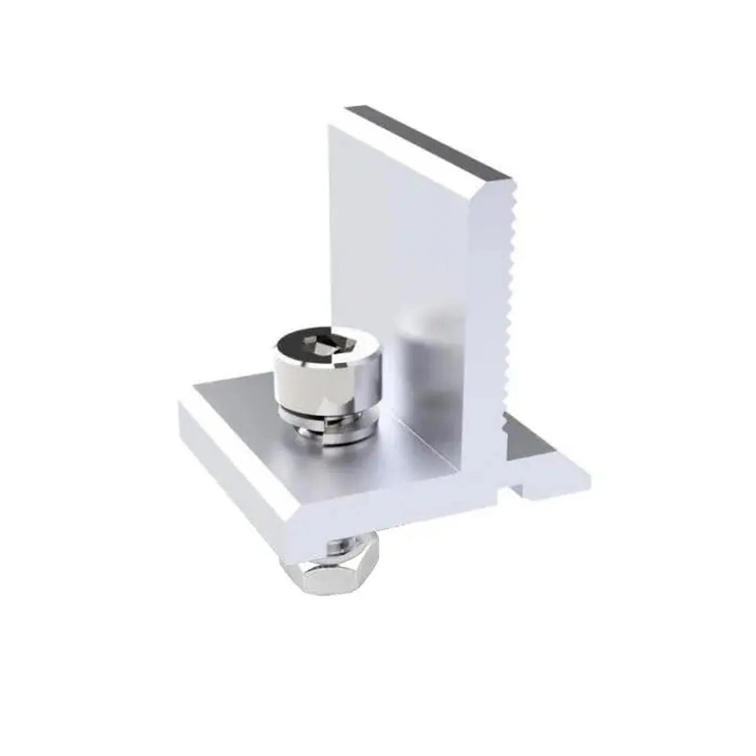 White metal solar rail clamp with cylindrical bolt mechanism mounted on base plate, product shot on white background.