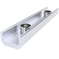 Solar panel mounting rail connector with two chrome cylindrical clamps installed on aluminum rails, product shot on white bac