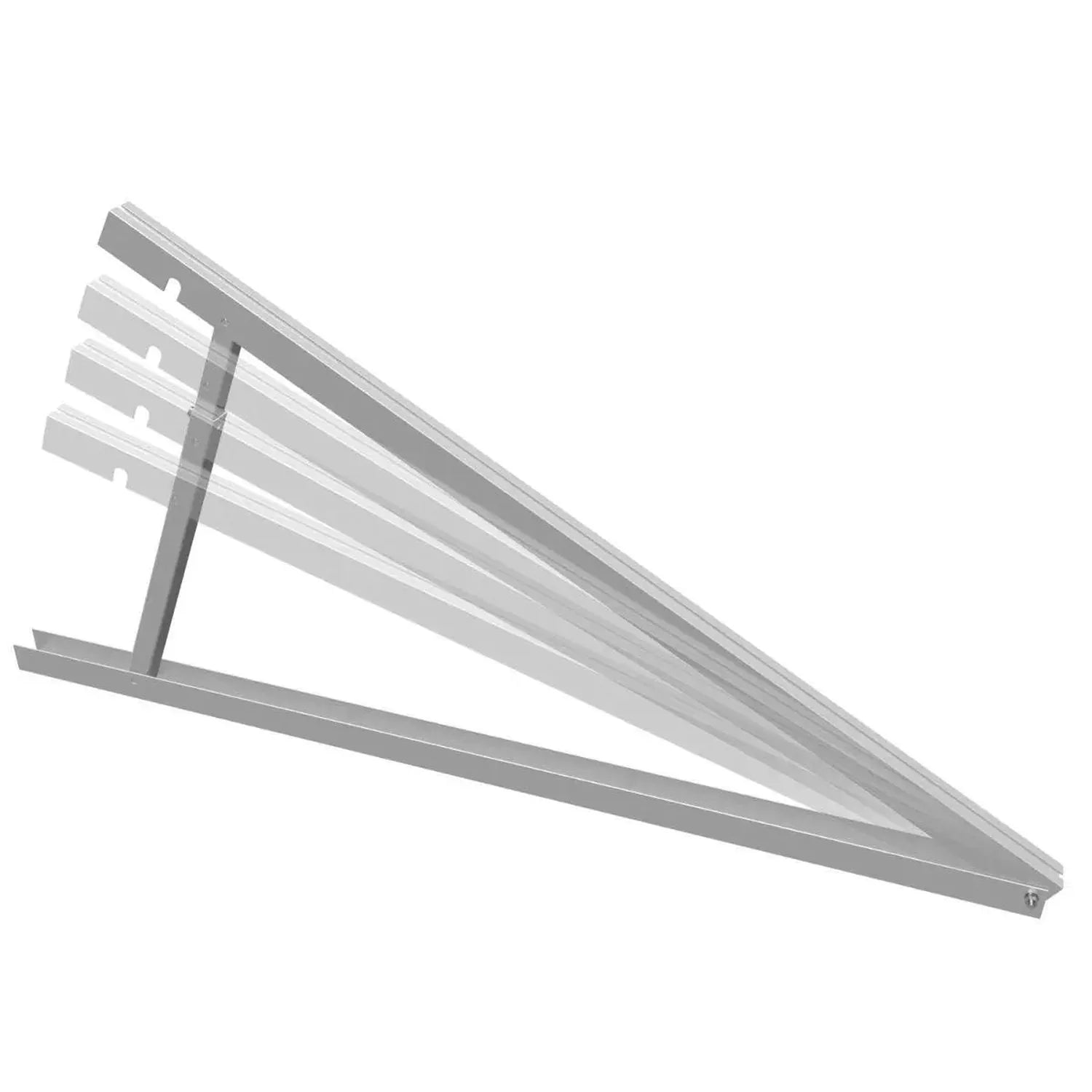Adjustable aluminum tripod frame for solar panels, shown in 3D technical illustration with angled support legs and mounting h
