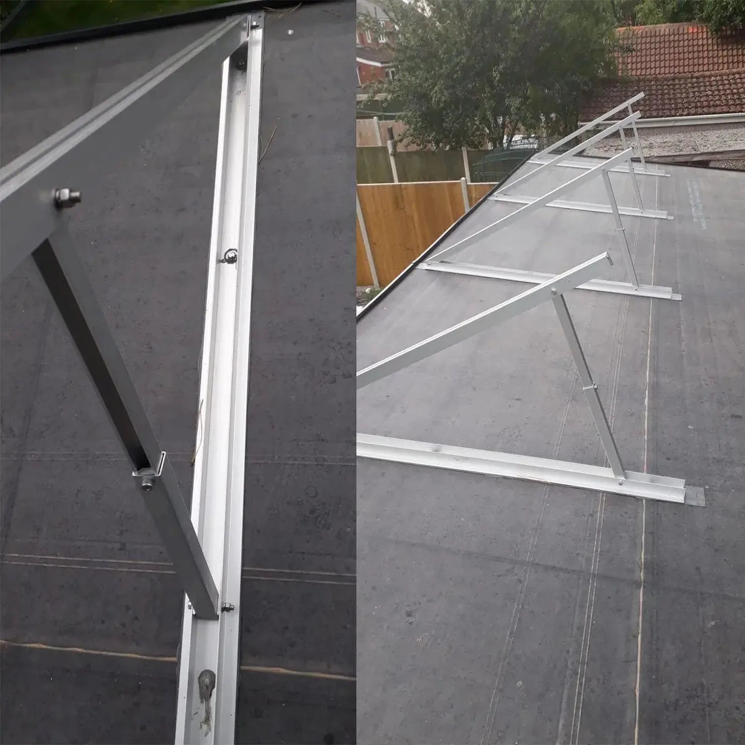 Adjustable aluminum tripod frame for solar panels installed on flat roof, showing angled mounting brackets and cable routing 
