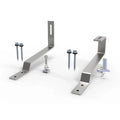 Solar panel mounting hardware kit showing two L-shaped metal brackets, screws, bolts, and adjustment components for tile roof