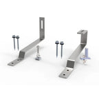 Solar panel mounting hardware kit showing two L-shaped metal brackets, screws, bolts, and adjustment components for tile roof