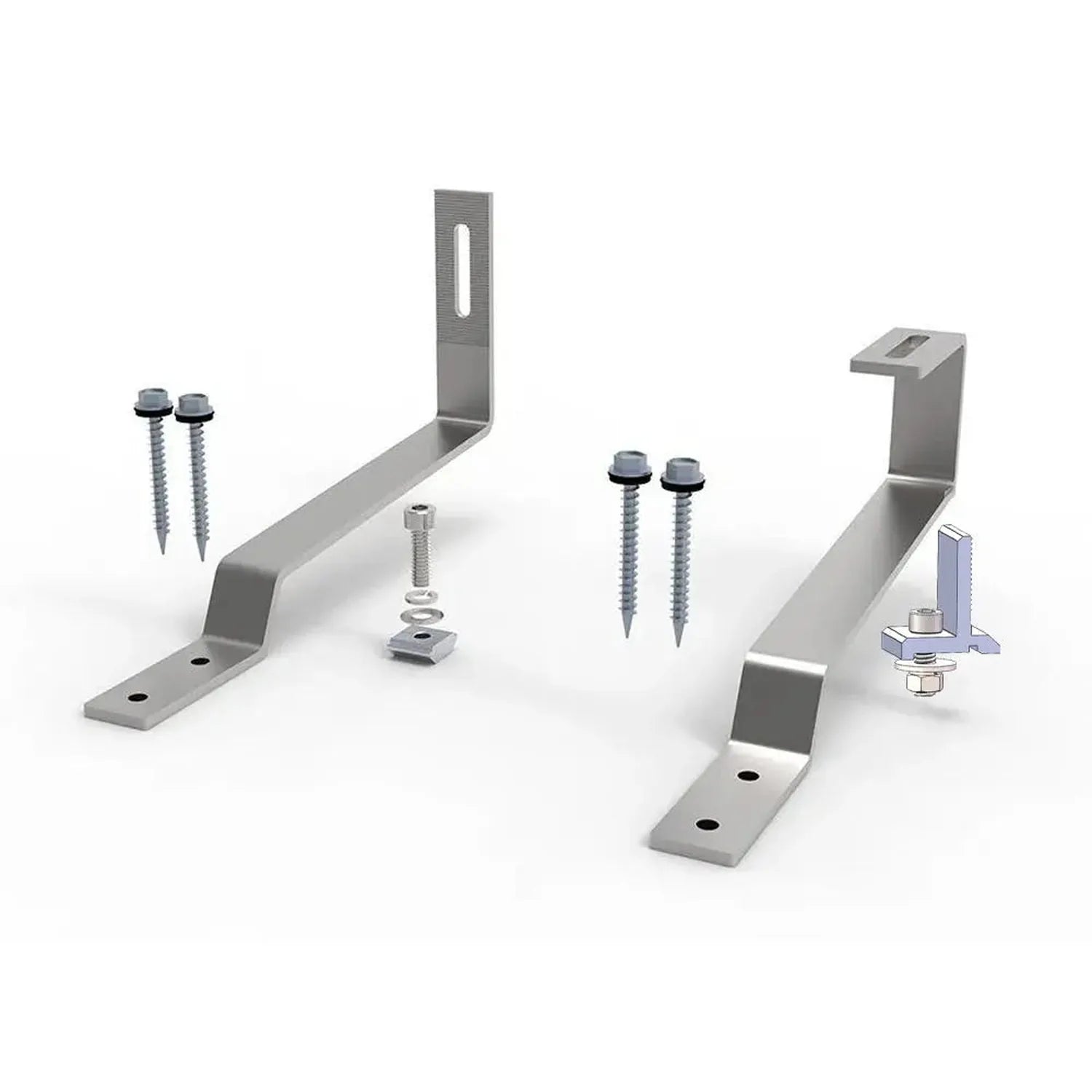 Solar panel mounting hardware kit showing two L-shaped metal brackets, screws, bolts, and adjustment components for tile roof