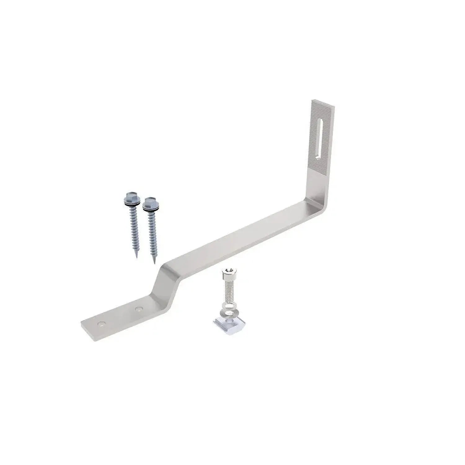 Solar panel mounting hook with adjustable bracket, screws, and hardware displayed separately on white background.