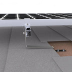 Solar panel mounting hook installed on slate roof tile, showing white aluminum bracket securing panel to textured gray roofin