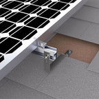 Solar panel mounting hook installed on slate tile roof with adjustable aluminum bracket and fasteners visible.