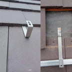Solar panel mounting hooks installed on slate tiles and shown with adjustable aluminum rail components.