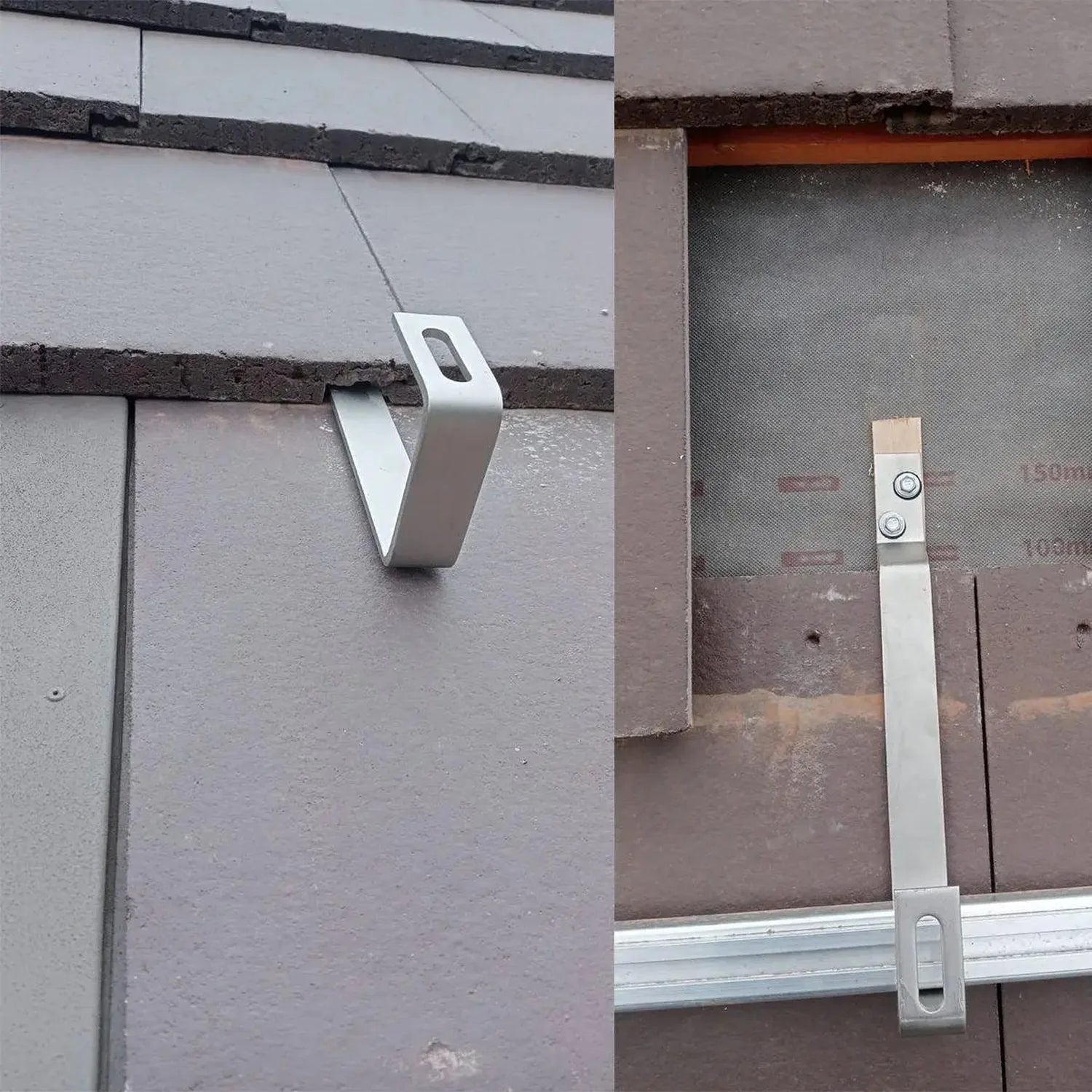 Solar panel mounting hooks installed on slate tiles and shown with adjustable aluminum rail components.
