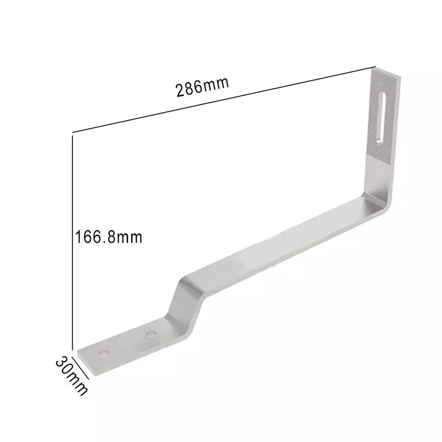 Solar panel mounting hook with dimensions: 286mm length, 166.8mm height, 30mm depth. Dimension diagram.