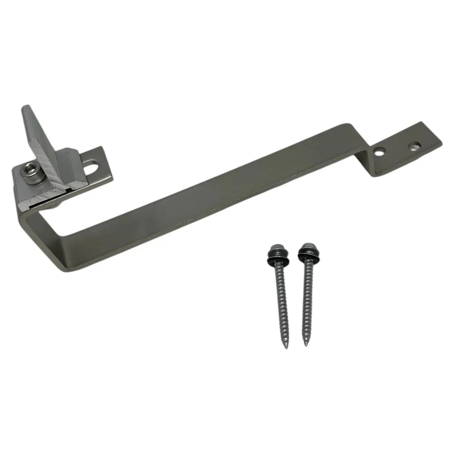 Solar panel slate tile roof hook with adjustable bracket, two mounting screws included, isolated on white background.