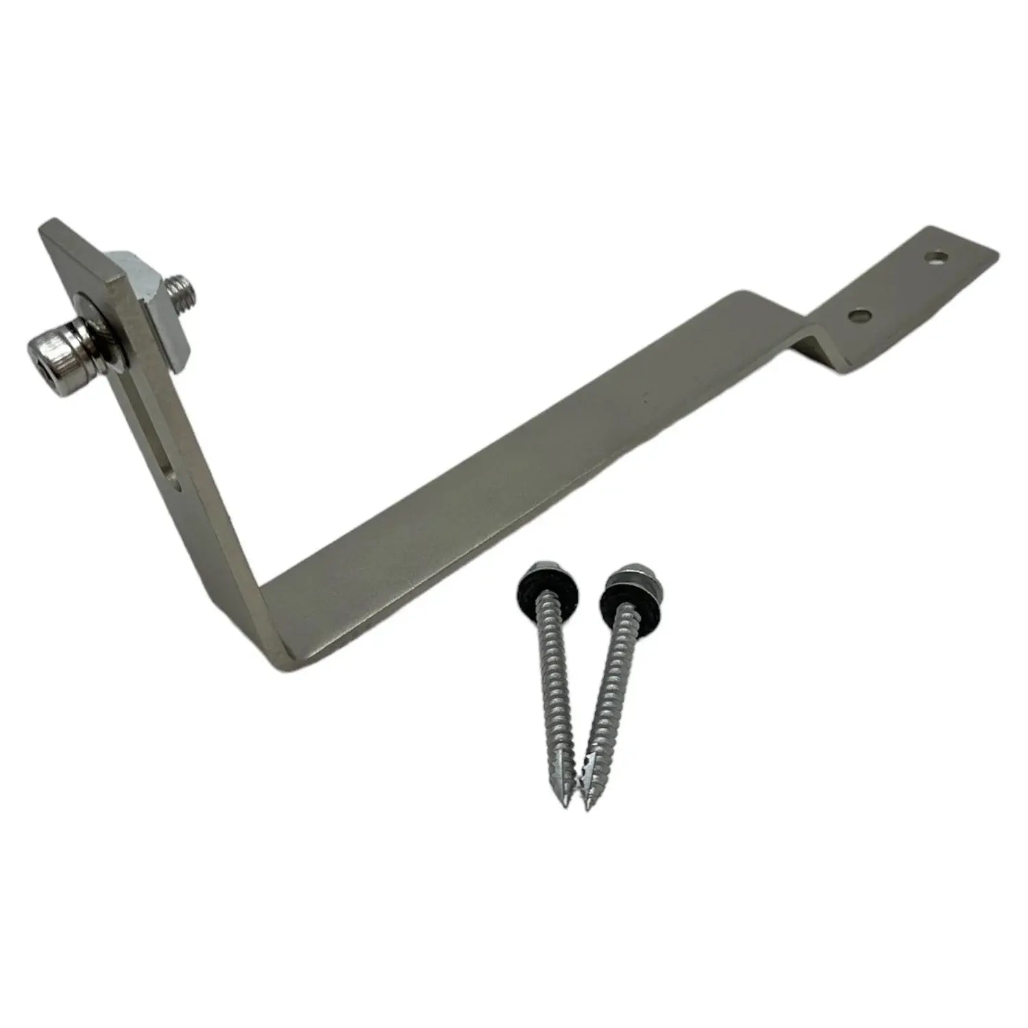 Solar panel mounting hook with adjustable tilt mechanism, two stainless steel screws, and metal bracket components for slate 