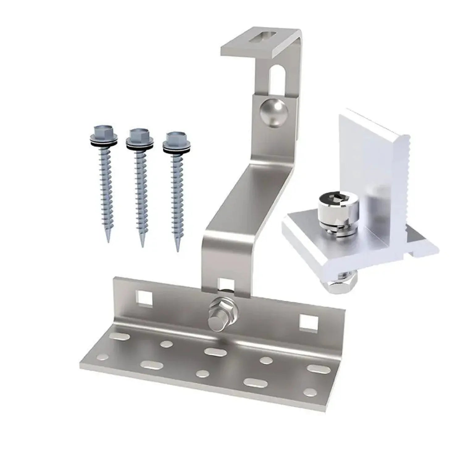 Adjustable roof hook assembly with metal brackets, support clamp, mounting hardware, and three fastening screws with washers.
