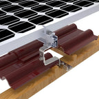 Adjustable roof hook with burgundy clamps mounted on wooden roof beam beneath solar panel array, installation diagram view.