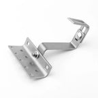 Adjustable stainless steel roof hook with mounting bracket and support clamp, shown against white background.