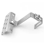 Adjustable metal roof hook with perforated mounting plate and support clamp, shown against white background.
