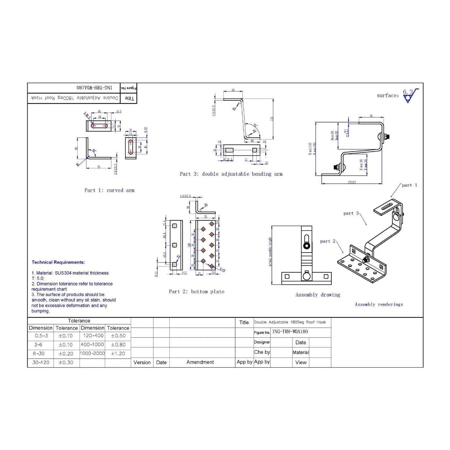 Technical drawing showing assembly and component specifications for a double adjustable 1800kg roof hook with curved arm, bot