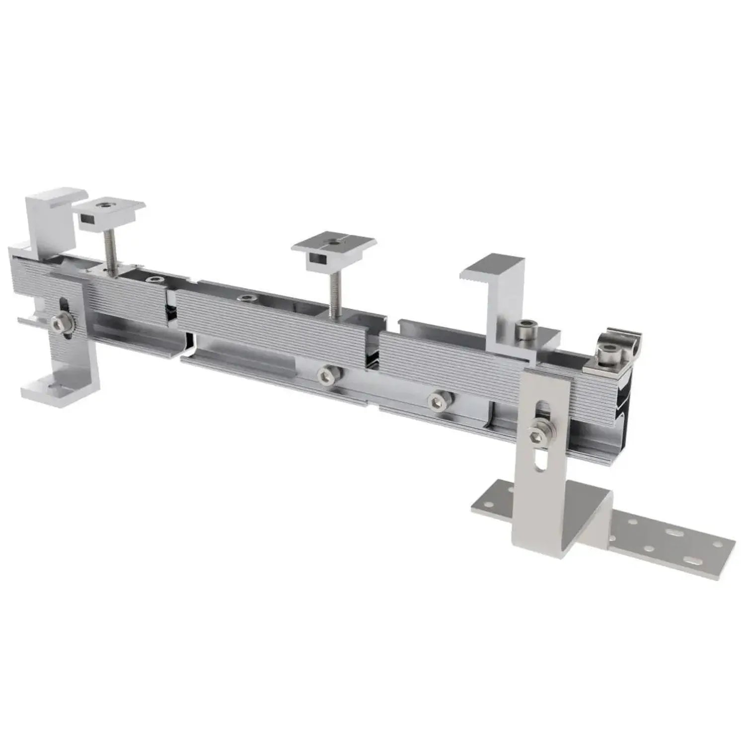 Adjustable roof hook assembly with aluminum rail, support clamps, and mounting brackets for tile roof installation.