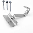 Adjustable roof hook with metal support clamp and mounting bracket, shown with three self-drilling screws featuring rubber wa