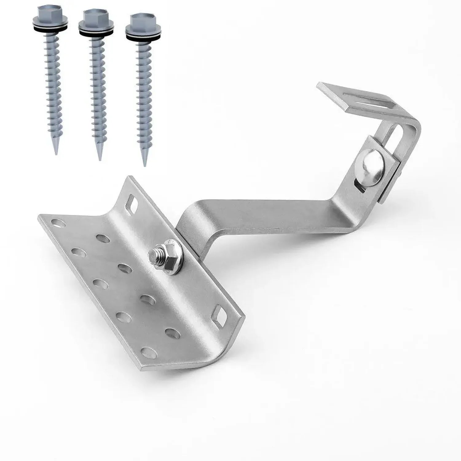 Adjustable roof hook with metal support clamp and mounting bracket, shown with three self-drilling screws featuring rubber wa