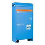 Victron Energy blue Autotransformer 120/240V 32A unit with orange stripe, circuit breaker panel, and mounting feet.