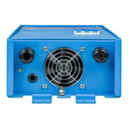 Blue metal autotransformer box with cooling fan, terminal connectors, and mounting feet, front view.