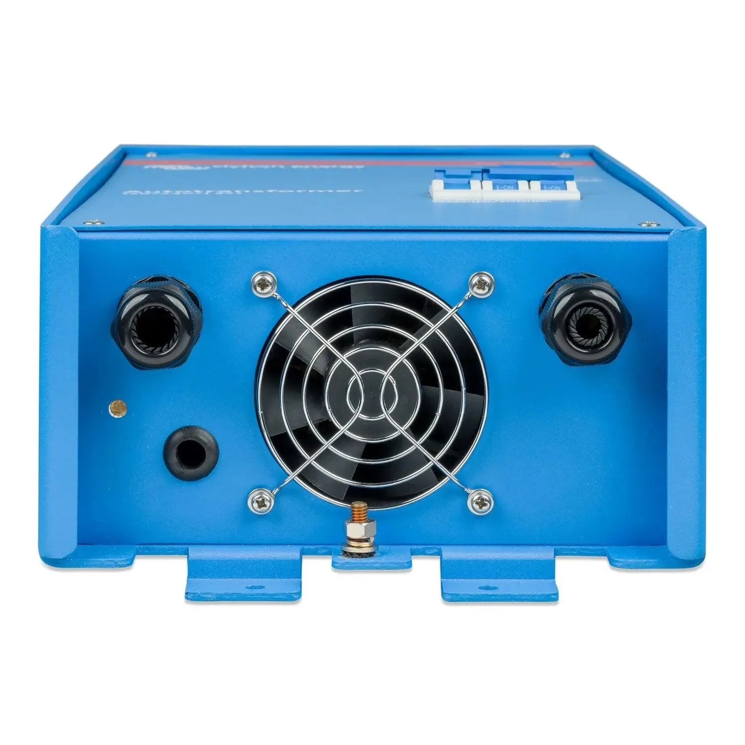 Blue metal autotransformer box with cooling fan, terminal connectors, and mounting feet, front view.