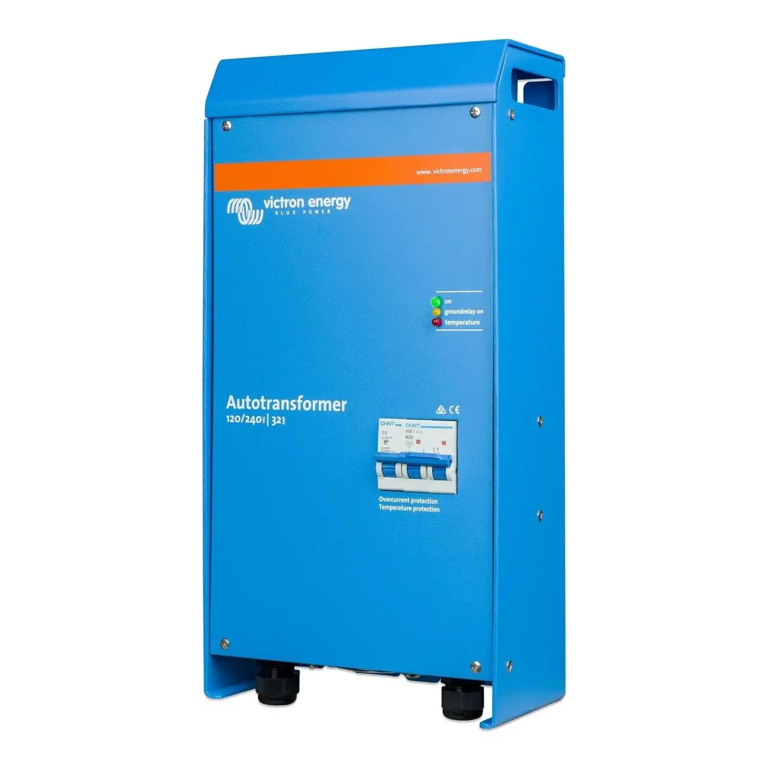 Victron Energy blue Autotransformer 120/240V 32A with orange stripe, status indicators, circuit breaker panel, and mounting f