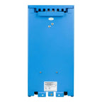 Blue autotransformer device shown from back, displaying terminal connections, mounting hardware, and certification label.