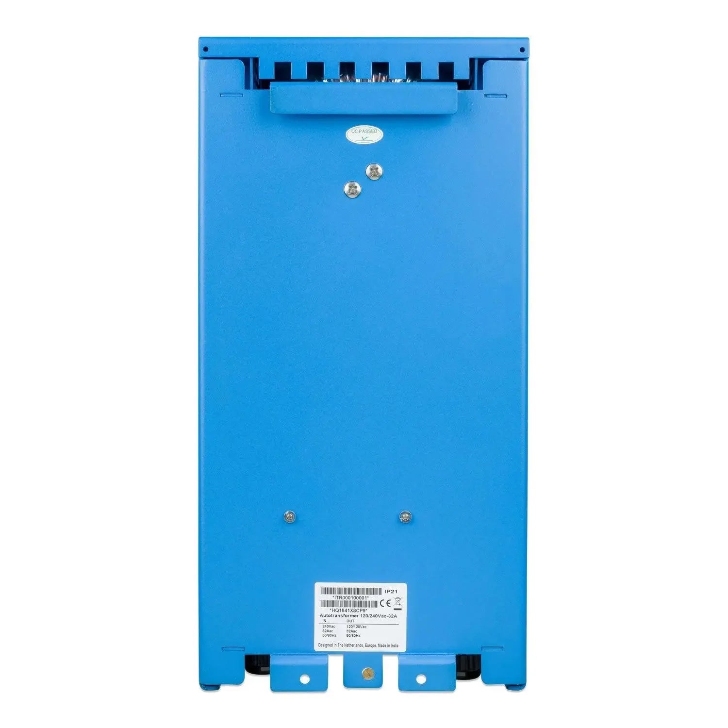 Blue autotransformer device shown from back, displaying terminal connections, mounting hardware, and certification label.
