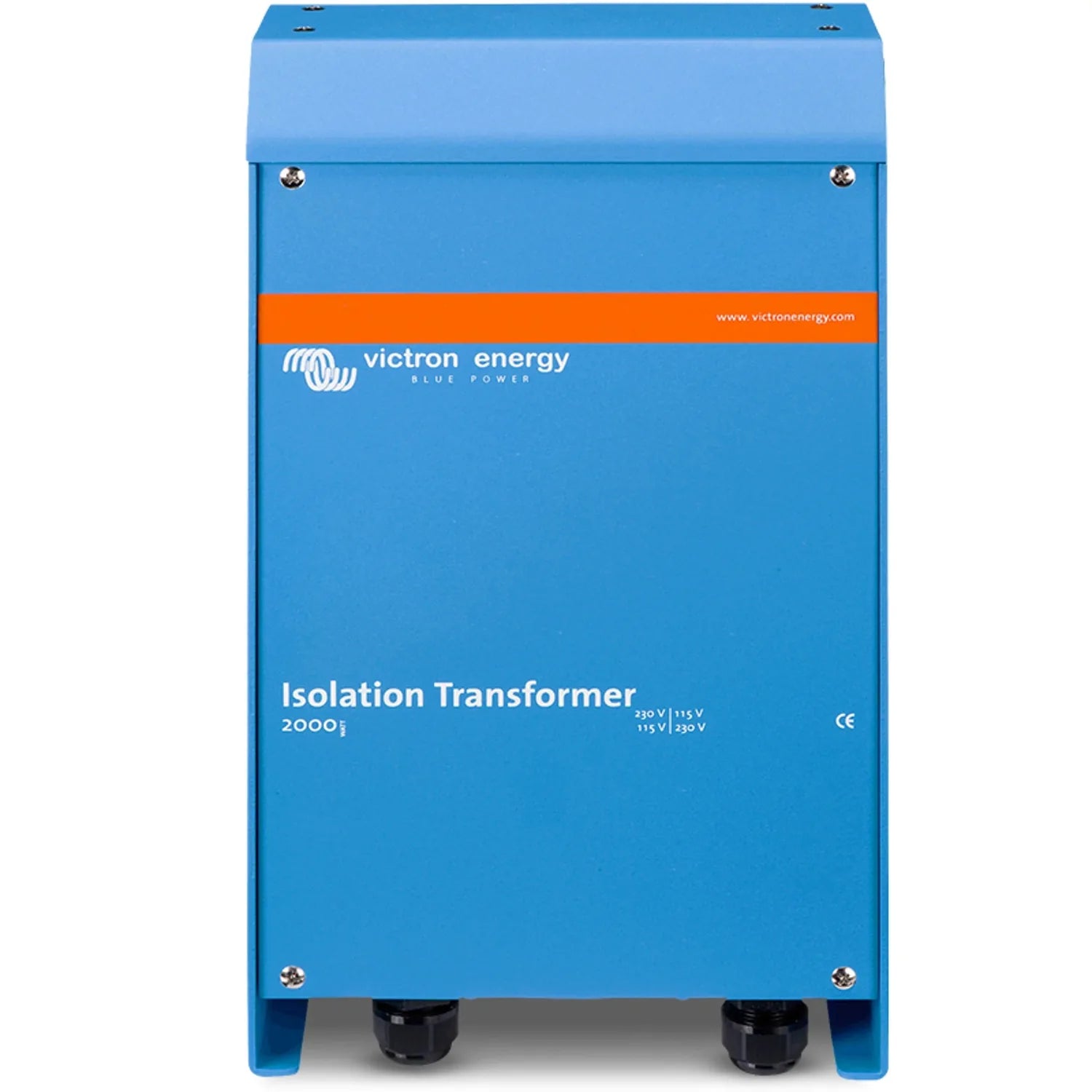 Victron Energy blue isolation transformer with orange branding stripe and specification details on front panel.